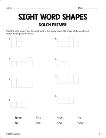 Kindergarten Sight Words Worksheets - Word Shapes, 3 Variations, All 52 Dolch Primer Sight Words