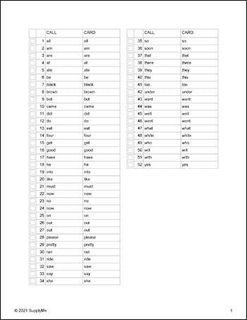 Kindergarten Sight Words Bingo, All 52 Dolch Primer Sight Words