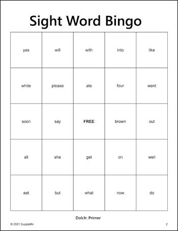 Kindergarten Sight Words Bingo, All 52 Dolch Primer Sight Words