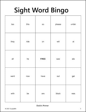 Kindergarten Sight Words Bingo, All 52 Dolch Primer Sight Words