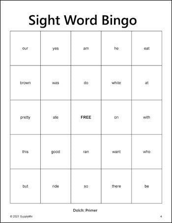Kindergarten Sight Words Bingo, All 52 Dolch Primer Sight Words