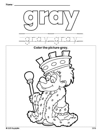 Free king color gray coloring page and color worksheet, gray worksheet for preschoolers to learn colors, printable PDF