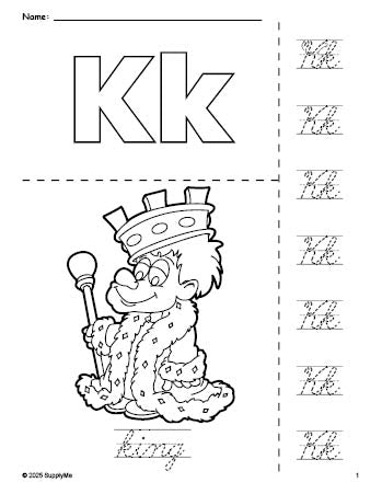 Spring Cursive Writing Worksheet FREE Printable King Coloring Page and Cursive Letter Tracing Worksheet ...