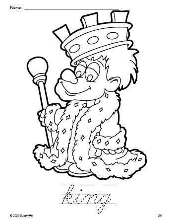 Free printable king coloring page and cursive word tracing worksheet, perfect for preschool, pre-k, and kindergarten, PDF