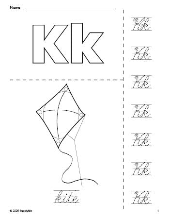 Free printable kite coloring page and cursive letter tracing worksheet, letter k worksheet for preschool, pre-k, and kindergarten, PDF