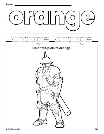 Free knight color orange coloring page and color worksheet, orange worksheet for preschoolers to learn colors, printable PDF