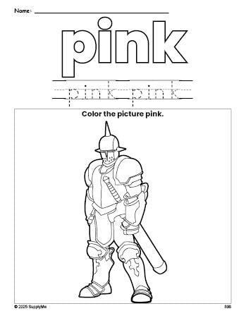 Free knight color pink coloring page and color worksheet, pink worksheet for preschoolers to learn colors, printable PDF