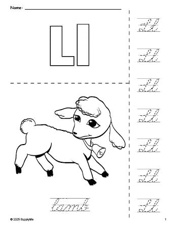 Free printable lamb Easter coloring page and cursive letter tracing worksheet, letter l worksheet for preschool, pre-k, and kindergarten, PDF