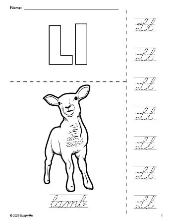 Free printable lamb Easter coloring page and cursive letter tracing worksheet, letter l worksheet for preschool, pre-k, and kindergarten, PDF
