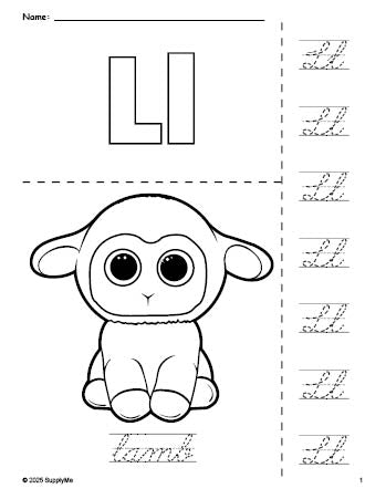 Free printable lamb Easter coloring page and cursive letter tracing worksheet, letter l worksheet for preschool, pre-k, and kindergarten, PDF