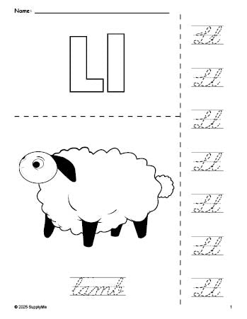 Free printable lamb Easter coloring page and cursive letter tracing worksheet, letter l worksheet for preschool, pre-k, and kindergarten, PDF