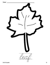 Free printable leaf fall coloring page and cursive word tracing worksheet, perfect for preschool, pre-k, and kindergarten, PDF