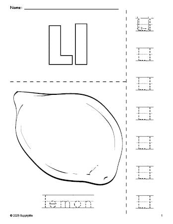 Free printable lemon coloring page and letter tracing worksheet, letter l worksheet for preschool, pre-k, and kindergarten, PDF