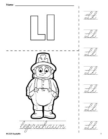 Free printable leprechaun St. Patrick's Day coloring page and cursive letter tracing worksheet, letter l worksheet for preschool, pre-k, and kindergarten, PDF