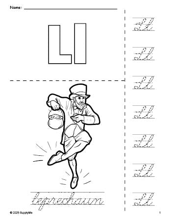 Free printable leprechaun St. Patrick's Day coloring page and cursive letter tracing worksheet, letter l worksheet for preschool, pre-k, and kindergarten, PDF
