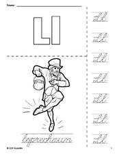 Free printable leprechaun St. Patrick's Day coloring page and cursive letter tracing worksheet, letter l worksheet for preschool, pre-k, and kindergarten, PDF