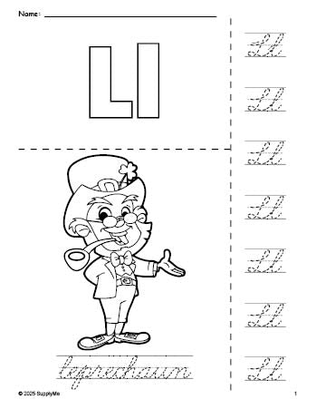 Free printable leprechaun St. Patrick's Day coloring page and cursive letter tracing worksheet, letter l worksheet for preschool, pre-k, and kindergarten, PDF