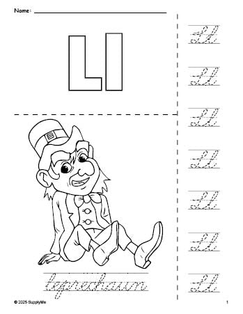 Free printable leprechaun St. Patrick's Day coloring page and cursive letter tracing worksheet, letter l worksheet for preschool, pre-k, and kindergarten, PDF