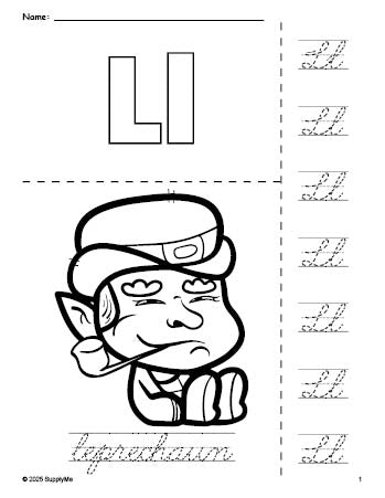 Free printable leprechaun St. Patrick's Day coloring page and cursive letter tracing worksheet, letter l worksheet for preschool, pre-k, and kindergarten, PDF