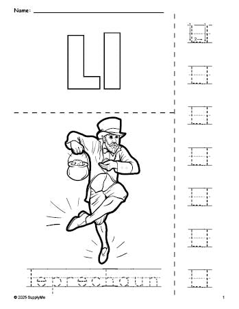 Free printable leprechaun St. Patrick's Day coloring page and letter tracing worksheet, letter l worksheet for preschool, pre-k, and kindergarten, PDF