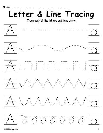 Letter A Tracing Worksheet With Line Tracing, Uppercase And Lowercase Letters