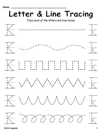 Letter K Tracing Worksheet With Line Tracing, Uppercase And Lowercase Letters