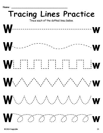 Letter W Line Tracing Worksheet, Uppercase And Lowercase Letters