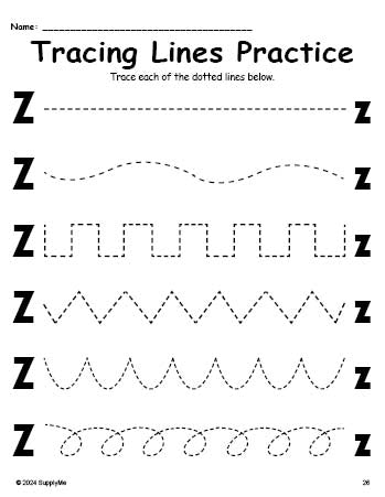 Letter Z Line Tracing Worksheet, Uppercase And Lowercase Letters