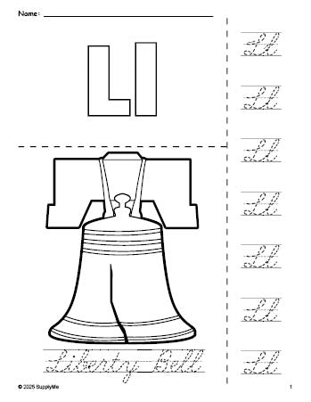 Free printable Liberty Bell Fourth of July coloring page and cursive letter tracing worksheet, letter l worksheet for preschool, pre-k, and kindergarten, PDF