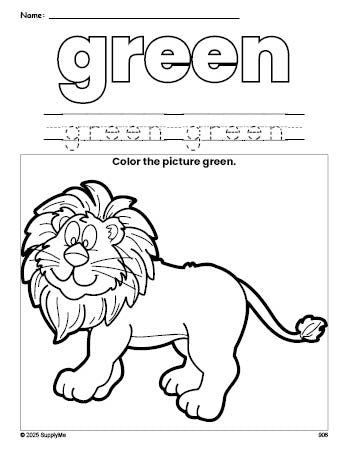 Free lion color green coloring page and color worksheet, green worksheet for preschoolers to learn colors, printable PDF