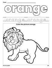 Free lion color orange coloring page and color worksheet, orange worksheet for preschoolers to learn colors, printable PDF