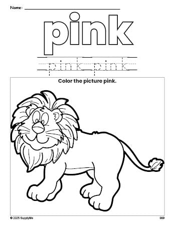Free lion color pink coloring page and color worksheet, pink worksheet for preschoolers to learn colors, printable PDF