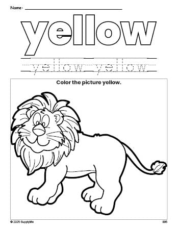 Free lion color yellow coloring page and color worksheet, yellow worksheet for preschoolers to learn colors, printable PDF