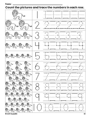 Free printable lion counting worksheet for preschool and pre-k with number tracing practice 1-10, PDF