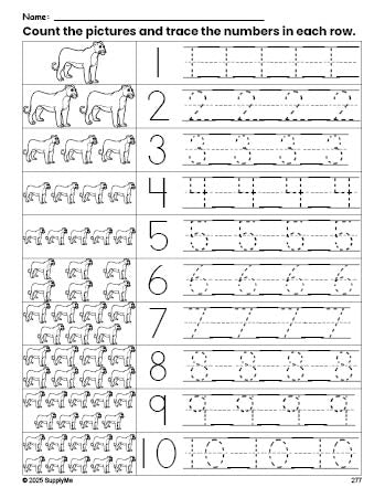 Free printable lion counting worksheet for preschool and pre-k with number tracing practice 1-10, PDF