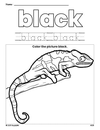 Free lizard color black coloring page and color worksheet, black worksheet for preschoolers to learn colors, printable PDF