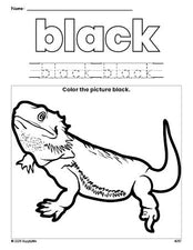 Free lizard color black coloring page and color worksheet, black worksheet for preschoolers to learn colors, printable PDF