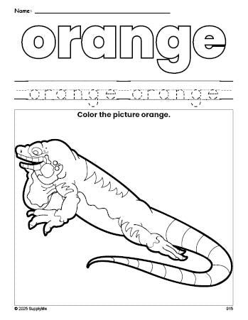 Free lizard color orange coloring page and color worksheet, orange worksheet for preschoolers to learn colors, printable PDF
