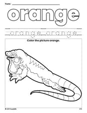 Free lizard color orange coloring page and color worksheet, orange worksheet for preschoolers to learn colors, printable PDF