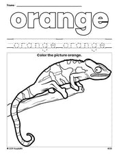 Free lizard color orange coloring page and color worksheet, orange worksheet for preschoolers to learn colors, printable PDF
