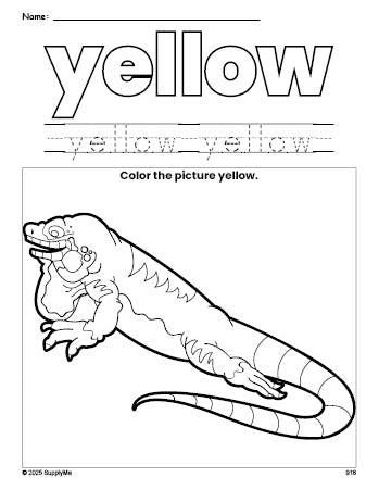 Free lizard color yellow coloring page and color worksheet, yellow worksheet for preschoolers to learn colors, printable PDF