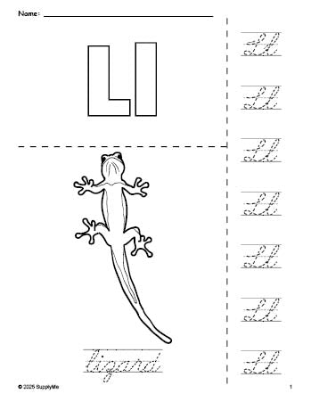 Free printable lizard coloring page and cursive letter tracing worksheet, letter l worksheet for preschool, pre-k, and kindergarten, PDF