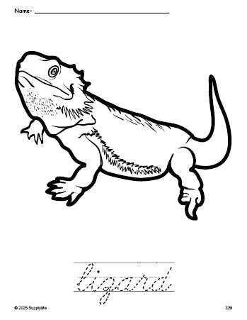 Lizard Writing Simple FREE Printable Lizard Coloring Page and Cursive Word Tracing Worksheet ...