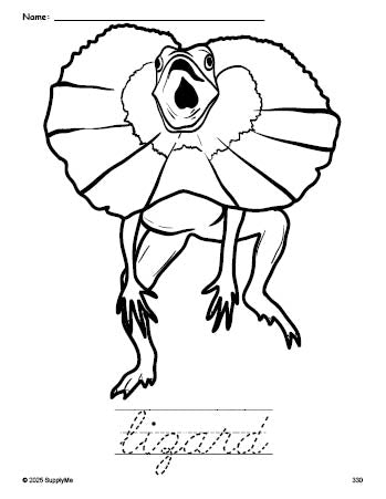 Lizard Writing Simple FREE Printable Lizard Coloring Page and Cursive Word Tracing Worksheet ...