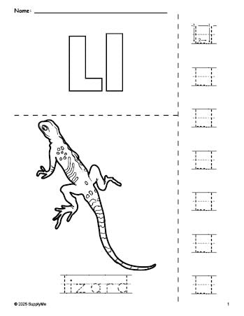 Free printable lizard coloring page and letter tracing worksheet, letter l worksheet for preschool, pre-k, and kindergarten, PDF