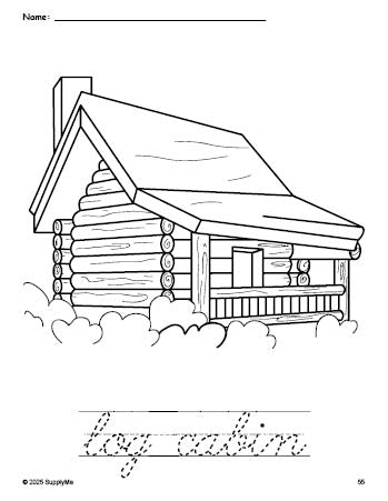 Free printable log cabin Thanksgiving coloring page and cursive word tracing worksheet, perfect for preschool, pre-k, and kindergarten, PDF