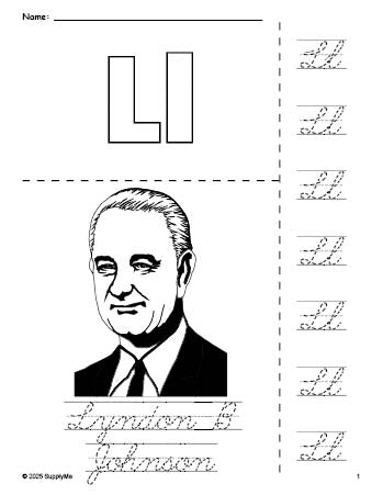Free printable Lyndon B Johnson Presidents' Day coloring page and cursive letter tracing worksheet, letter l worksheet for preschool, pre-k, and kindergarten, PDF