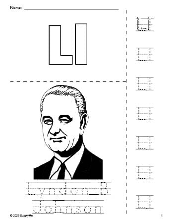 Free printable Lyndon B Johnson Presidents' Day coloring page and letter tracing worksheet, letter l worksheet for preschool, pre-k, and kindergarten, PDF