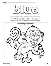 Free monkey color blue coloring page and color worksheet, blue worksheet for preschoolers to learn colors, printable PDF