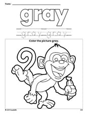 Free monkey color gray coloring page and color worksheet, gray worksheet for preschoolers to learn colors, printable PDF
